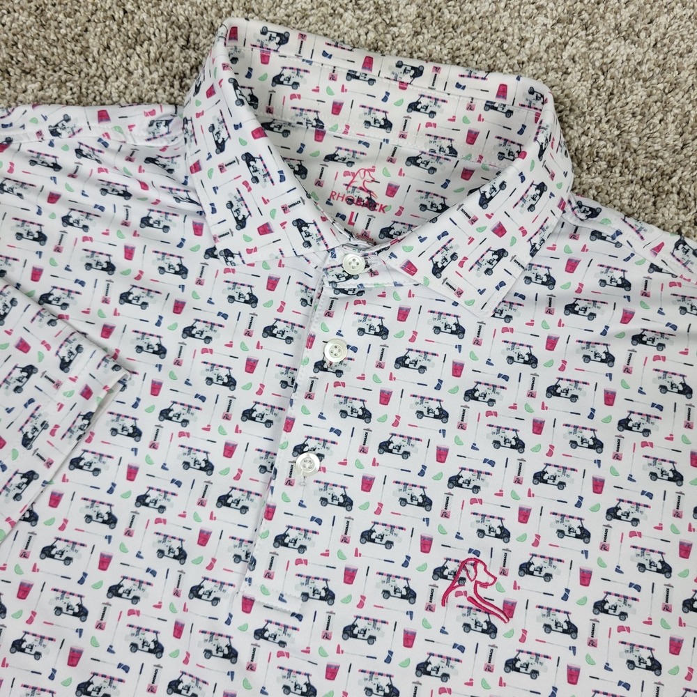 Rhoback Mens Large White AOP Golf Cart Performance Stretch Polo Short Sleeve